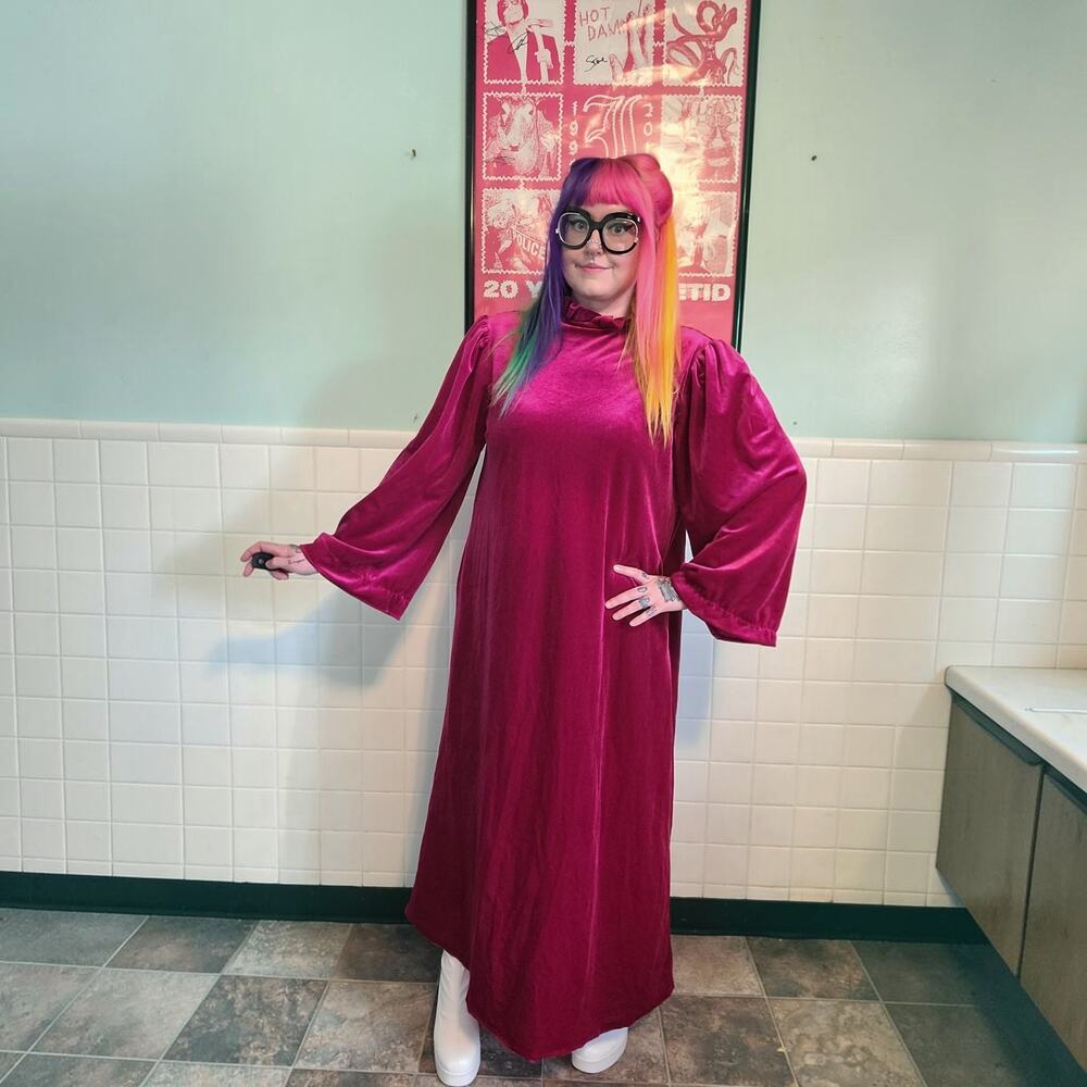 Vintage 80s Magenta Pink Long Sleeve NIght Gown House Robe Dress Size XL